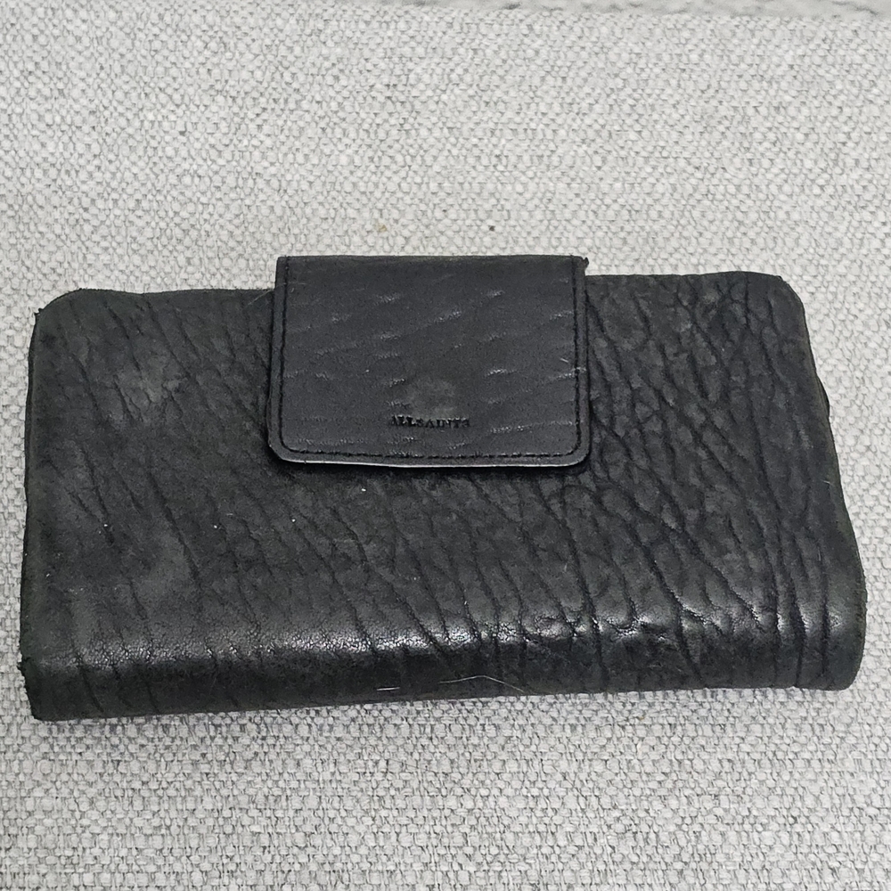 AllSaints Black Distressed Leather Tri Fold Wallet Zip Pocket